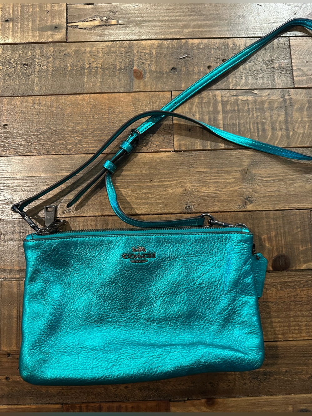 Coach F39505 Lyla Metallic Sea Green Leather Crossbody Bag